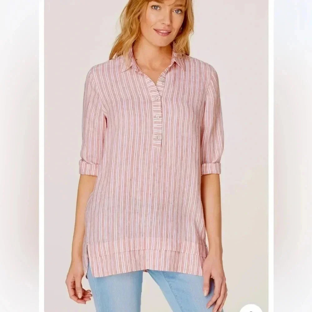 J. Jill Linen Tunic Shirt Stripes Relaxed Half Button Front Tangerine Size S NEW